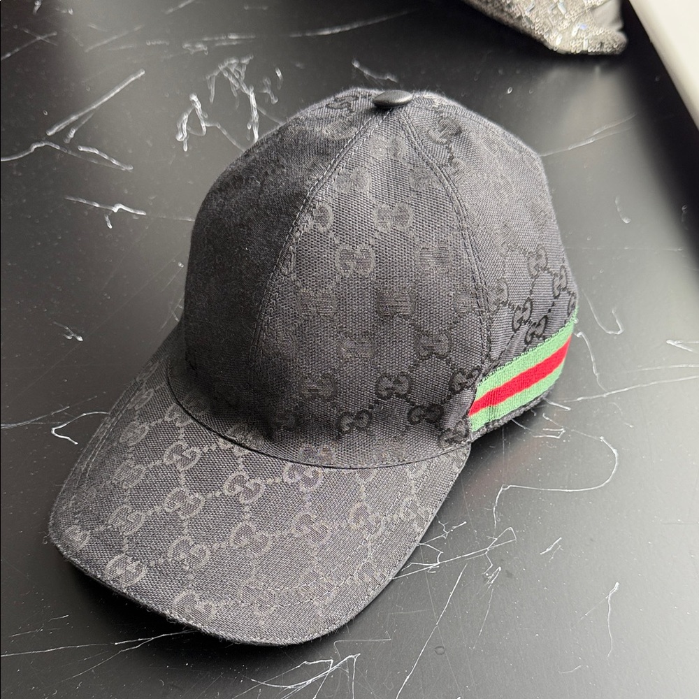 Gucci Monogram Black Cap with Signature Stripe